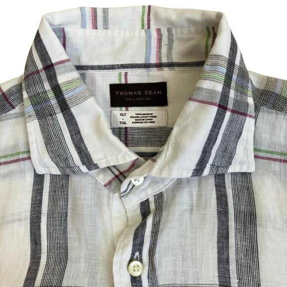 Thomas Dean Mens XL Tall 100% Linen Plaid Button Down Shirt White Multi Casual - Picture 10 of 16